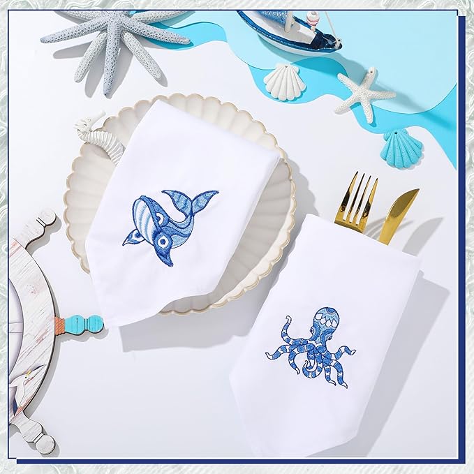 HunnmingRe 12 Pcs Nautical Cloth Napkins Bulks 100% Cotton Summer Blue Fabric Cocktail Napkins Tortoise Crab Octopus Whale Embroidered Handtowel Reusable Washable for Kitchen Weddings 17x17inch