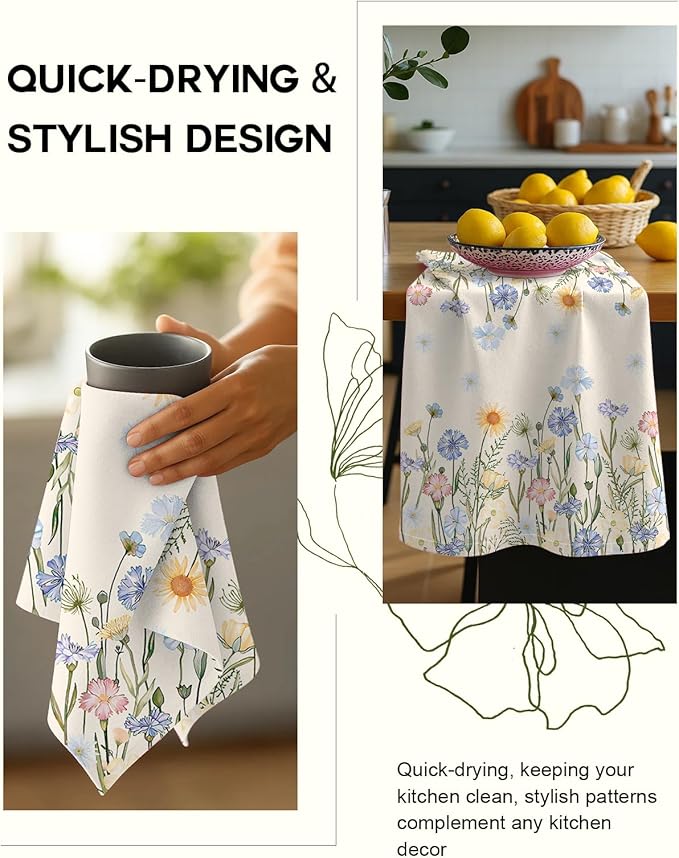 Miss Adola Flour Sack Kitchen Towels - Set of 2 Spring Dish Towels with Hanging Loop 18x26 Inch Absorbent Reusable Cotton Cloths for Cleaning Cute Design Home Decorative Housewarming, Colorful Flower