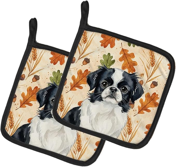 Caroline's Treasures Black and White Japanese Chin Heirloom Fall Pair of Pot Holders Pair 7.5x7.5 Quilted Insulated Hot Pads Decorative Kitchen Gift Made in USA