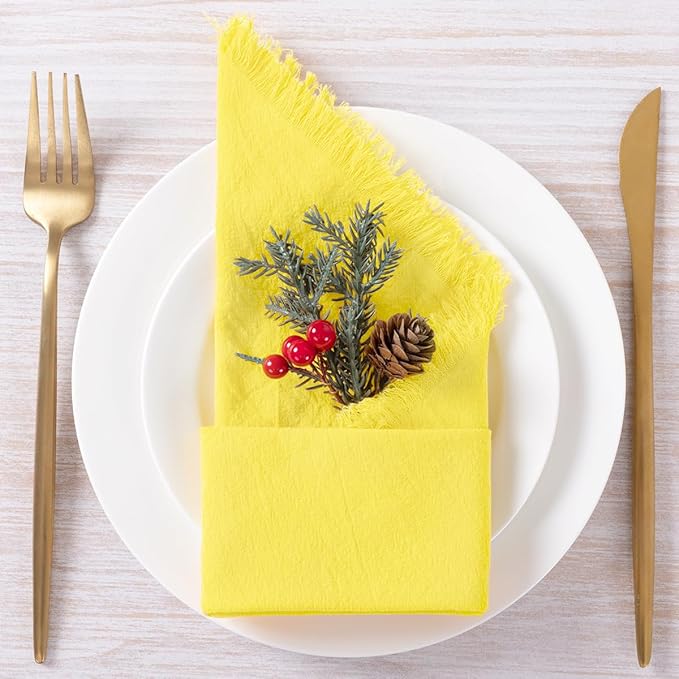 DeZerlor 6 Pack Lemon Yellow Cotton Linen Napkins with Fringe Spring Cloth Napkins Set of 6 Boho Handmade Dinner Napkins Bulk for Wedding Bridal Baby Shower Parties, 17 x 17 Inches