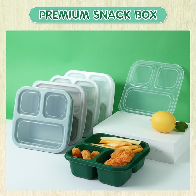 Honeydak 5 Pack Snack Containers 3 Compartment Bento Snack Boxes Divided Meal Prep Containers with Lids Reusable Adults Lunch Food Storage Box for School Work Travel(Sage Green)