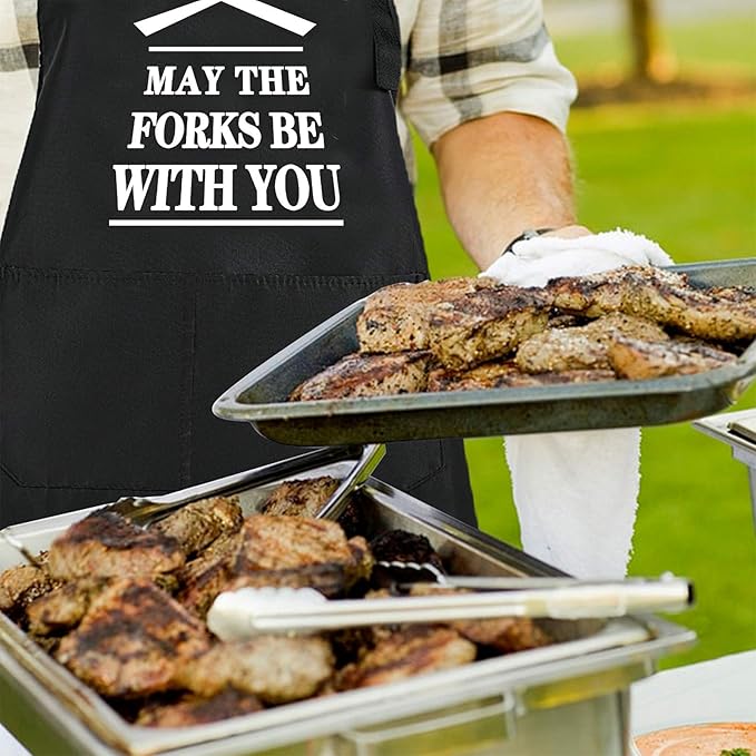 Rosoz Funny BBQ Black Chef Aprons for Men, May the Forks be with You Adjustable Kitchen Cooking Aprons with Pocket Waterproof Oil Proof Father’s Day/Birthday