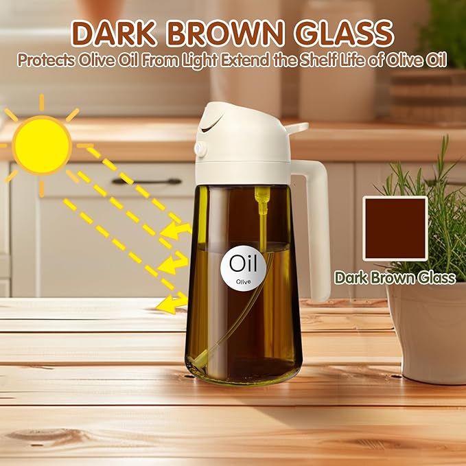 YARRAMATE 2PCS 16oz/470ml Oil Sprayer for Cooking with Stickers, Food-Grade 2 in 1 Olive Oil Dispenser Bottle for Kitchen, Premium Dark Green Glass Oil Bottle for Air Fryer, BBQ (White & Green)