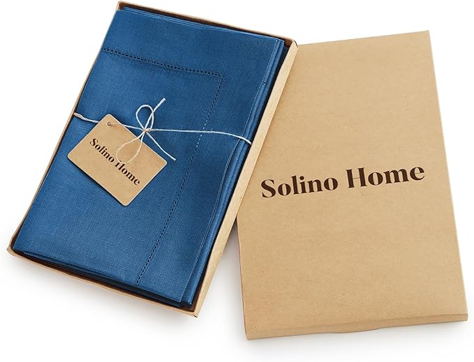 Solino Home Linen Napkins Set of 4 - Classic Hemstitch 100% Pure Linen Indigo Blue Dinner Napkins Cloth 20 x 20 Inch for Spring, Summer, Mothers Day - Handcrafted and Machine Washable