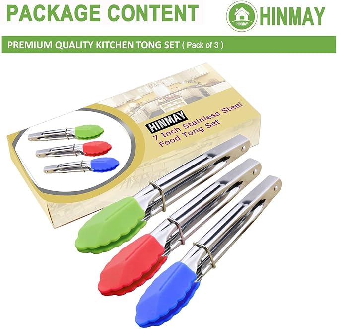 HINMAY Mini Tongs with Silicone Tips 7-Inch Serving Tongs, Set of 3 (Green Red Blue)
