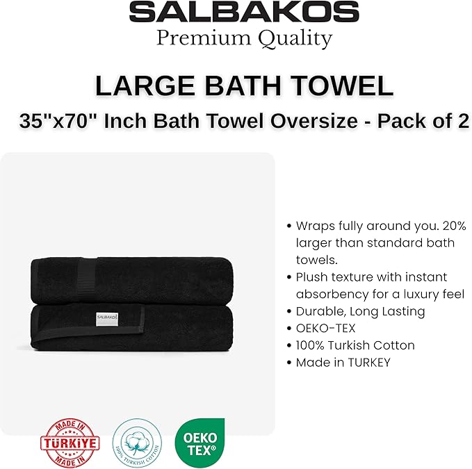 SALBAKOS 100% Turkish Cotton Extra Large Bath Sheet Towel Set of 2, 35x70 inch | Premium Quality | Hotel Collection Soft, Absorbent, Oversize Bath Towels | Made in Turkey (Black, 2 Bath Sheets)