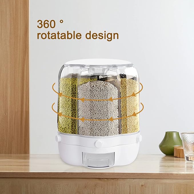 Grain Dispenser, 27Lbs Large Capacity Cereal Container, 6 Grids 360° Rotating and One Click Output Dry Food Storage with Sealed lid for Rice Soybeans Red Beans Moisture Proof Organizer