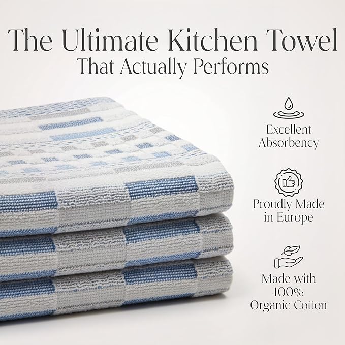 Delilah Home Sea Pines Kitchen Towels - 100% Organic Cotton - Stain-Resistant Multipurpose Dishcloths, Thick & Absorbent Hand Towels for Wiping, Cleaning & Drying Dishes - Sea Blue (4 Pack Set)