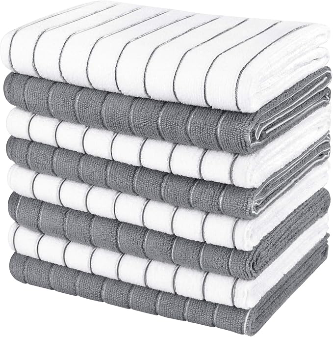 AIDEA Kitchen Towels-8PK, Super Soft and Absorbent Drying Towels for Dishes, Microfiber Cleaning Cloth Multi-Purpose Dish Towels for Kitchen, Home-Grey/White -18”x26”