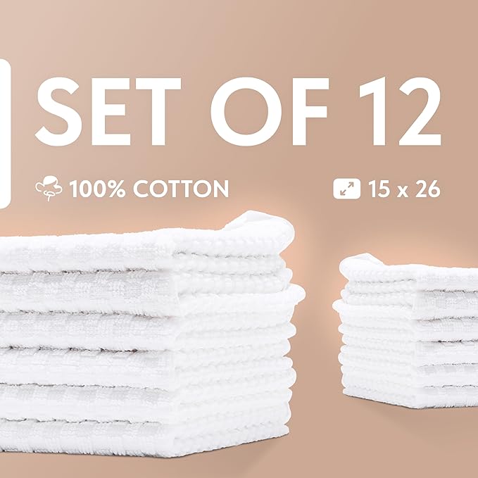 Wealuxe Super Absorbent Kitchen Towels 12 Pack - Premium 100% Cotton Kitchen Towels, 450GSM Thick Machine Washable White Dish Towels for Kitchen Drying, Cleaning, Dobby Weave, Unmatched Quality