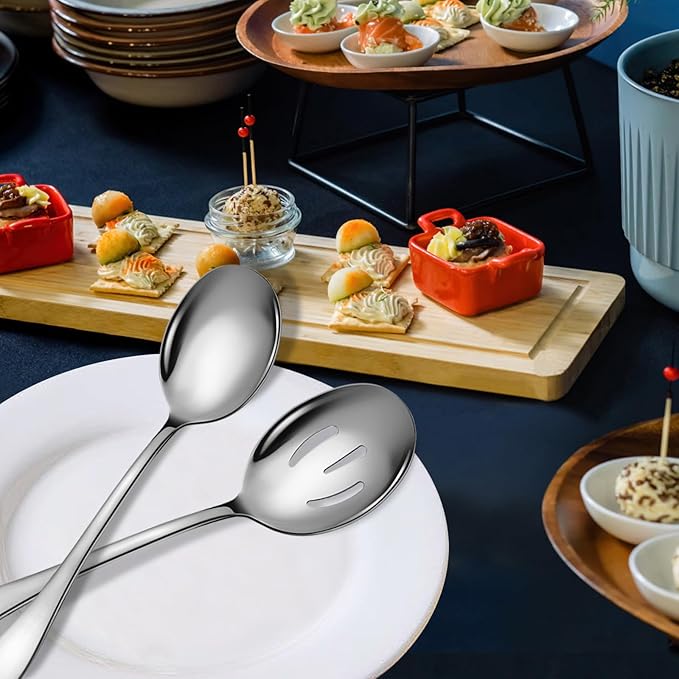 Stainless Steel Serving Spoons Set, 8pc, 10-Inch, Includes 4 Large, 4 Slotted, for Parties/Kitchen/Buffet/Catering, Dishwasher Safe