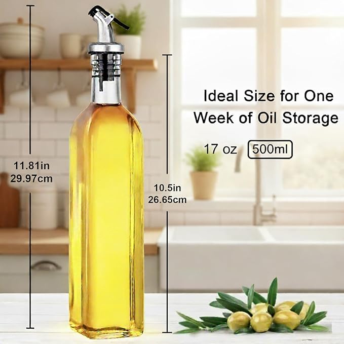 WERTIOO Olive Oil Dispenser Bottle, 2 Pack 17oz Oil and Vinegar Dispenser Set Clear Oil Bottles Container for Kitchen with 4 Spout, Funnel & Pen and Labels