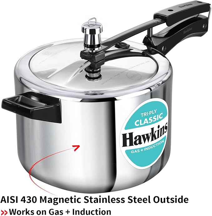 Hawkins Classic 5 Litre Tri-Ply Pressure Cooker, Triply Stainless Steel Inner Lid Cooker, Silver (SSTCL50)