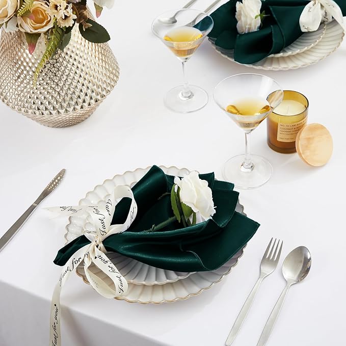 KKJIAF Hunter Green Silky Satin Napkins (12 Pieces, 17x17 Inches),Washable Polyester Square Table Napkins for Wedding Dinner Party Decoration