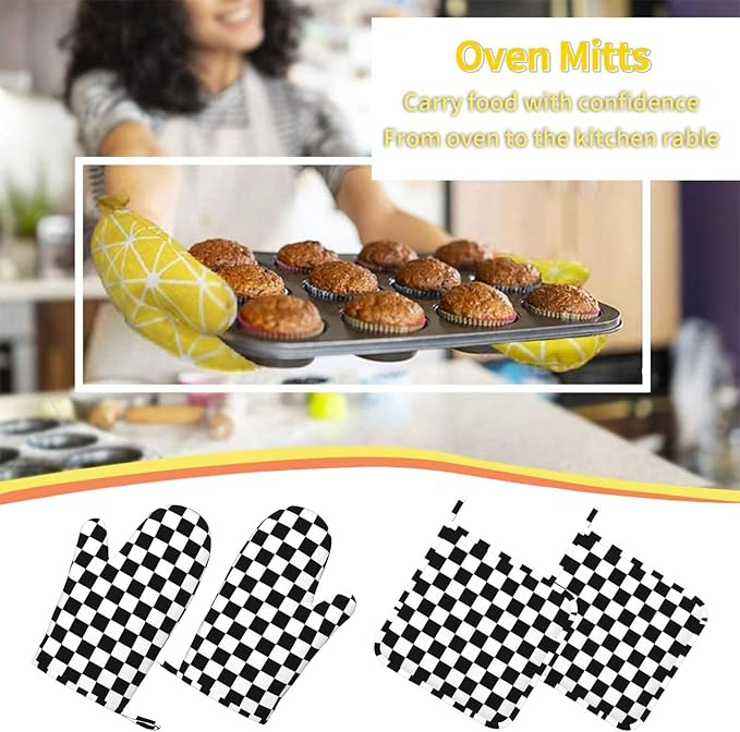 Black White Checkered Oven Mitts and Pot Holders Sets of 4, Heat Resistant Silicone Oven Mittens and Potholders Gloves Hot Pads for Kitchen Cooking Baking Grilling BBQ Chef