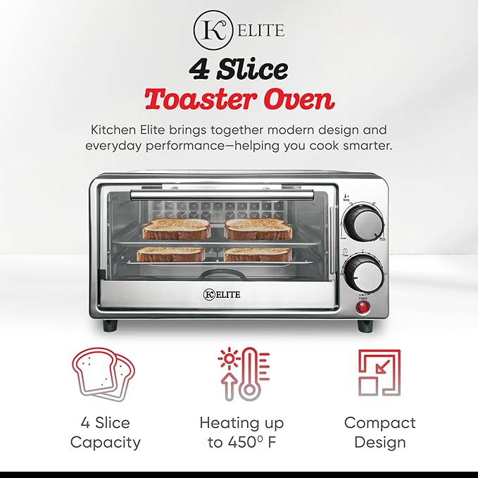 Kitchen Elite 4-Slice Toaster Oven, Compact Countertop Appliance with Bake Tray, Wire Rack, Adjustable Timer, and Temperature Control, Black