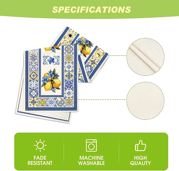 Artoid Mode Lemon Flowers Blue and White Porcelain 210 GSM Summer Table Runner, Seasonal Spring Kitchen Dining Table Decoration for Home Party Decor 13x90 Inch