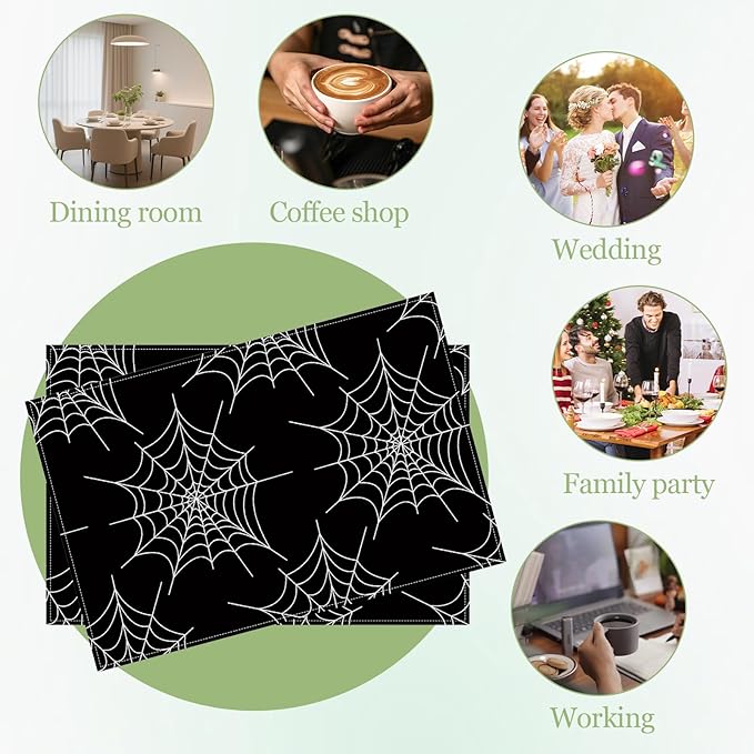 Spider Web Placemats Set of 6, Washable Heat Resistant Table Mat Linen Place Mats for Party Kitchen Dining Home Decor 12x18 Inch