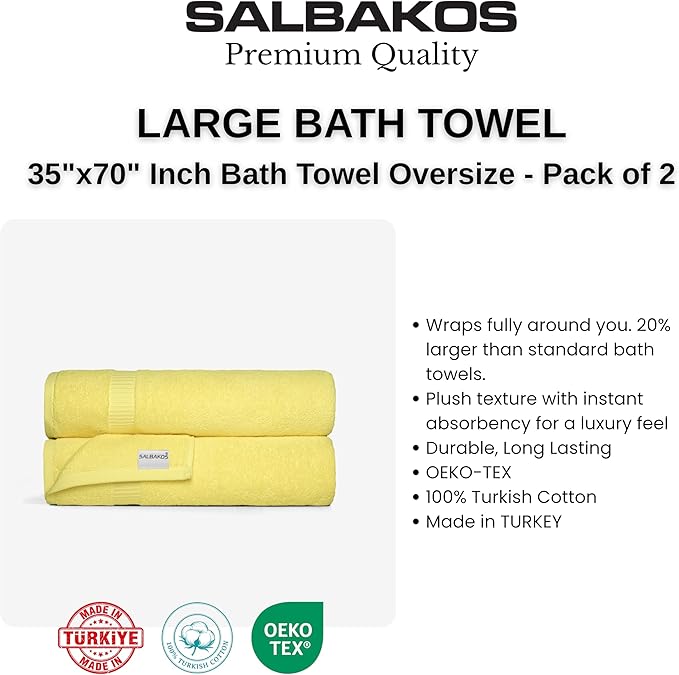 SALBAKOS 100% Turkish Cotton Extra Large Bath Sheet Towel Set of 2, 35x70 inch | Premium Quality | Hotel Collection Soft, Absorbent, Oversize Bath Towels | Made in Turkey (Yellow, 2 Bath Sheets)