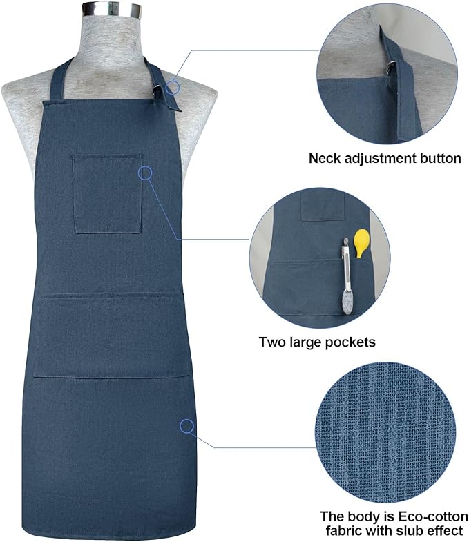Oven Mitts and Pot Holders with Cooking Apron Set of 5, Heat Resistant Kitchen Gloves and Silicone Non-Slip Potholders, Adjustable Neck Buckle Chef Apron, Cotton Nice Design for Cooking （Navy…