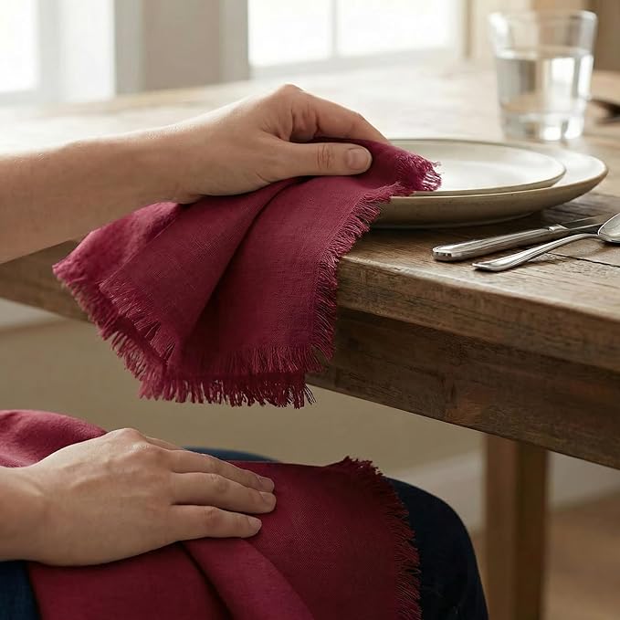 ACCENTHOME Burgundy Cotton Linen Napkin Set of 6 18x18 inch Dinner Napkins - Washable Soft Premium Hotel Quality Reusable Napkins Perfect Table Napkins for Family Dinners, Weddings & Everyday Use