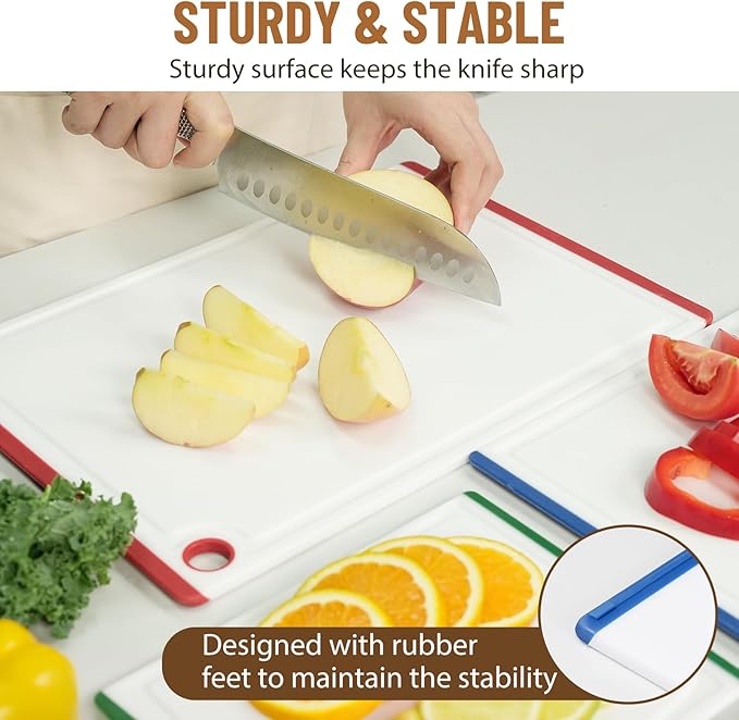 Kikcoin Plastic Cutting Boards for Kitchen, 3-Piece Large Cutting Board Set Dishwasher Safe Chopping Boards with Non-slip Feet and Juice Grooves, Multicolor