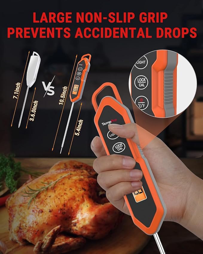 TempPro TP15H Waterproof Instant Read Meat Thermometer for Cooking, Digital Food Thermometer with Backlight & Calibration, Cooking Thermometer for BBQ, 10.47 x 1.16 x 0.69 (Previously ThermoPro)