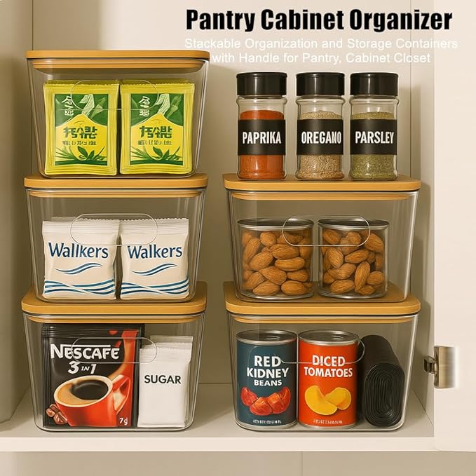 CiWiVOKi 6 Pack Clear Storage Bins with Bamboo Lids - Stackable Pantry Organization and Storage Containers with Handles - 3.7L Large BPA-Free Plastic Organizer for Kitchen, Fridge, Bathroom & Closet