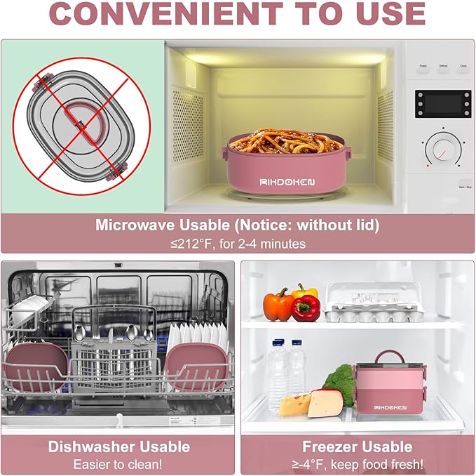 RIKDOKEN Lunch Box, Stackable 2 Layers Containers, Portable 64OZ Large Capacity Leakproof Bento Box with Spoon & Fork & Sauce Boxes, Microwave Safe Lunch Box for Kids and Adults