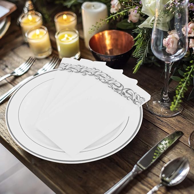 FOCUSLINE 200 Linen Feel Disposable Bathroom Napkins, Soft and Absorbent Paper Guest Towels, Cloth-Like Paper Hand Towels Decorative Napkins for Parties, Weddings, Dinners or Events, Silver, 12" x 17"