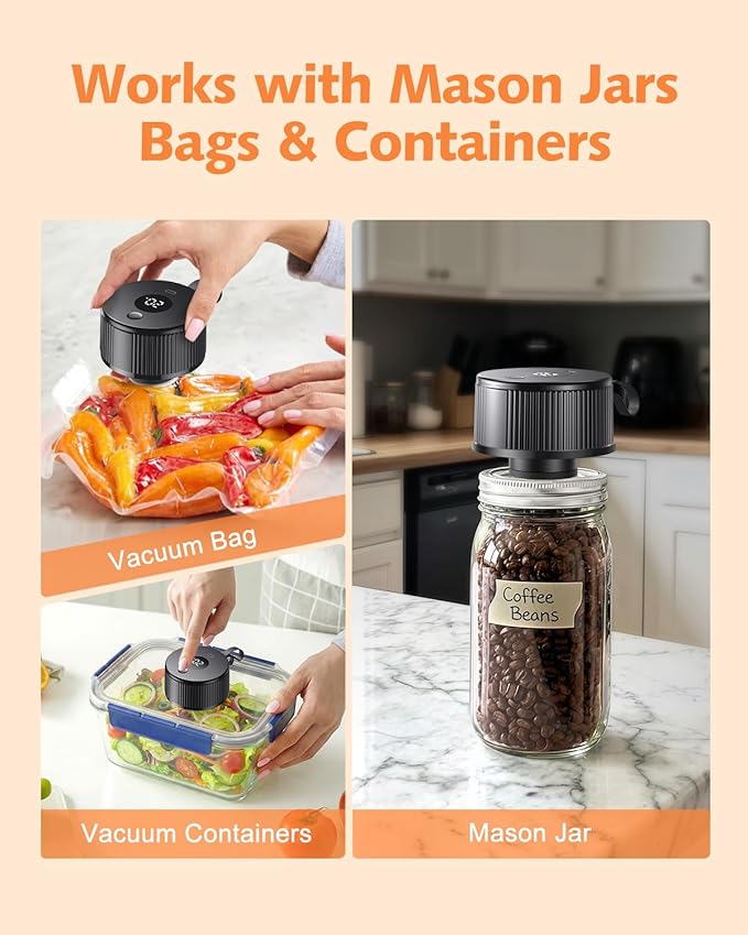 Electric Mason Jar Vacuum Sealer, [2026 Upgraded] One-Piece Handheld Vacuum Sealer Kit for Wide & Regular Mouth Jars, Portable Cordless Sealer for Food Storage, Homesteading & Meal Prep