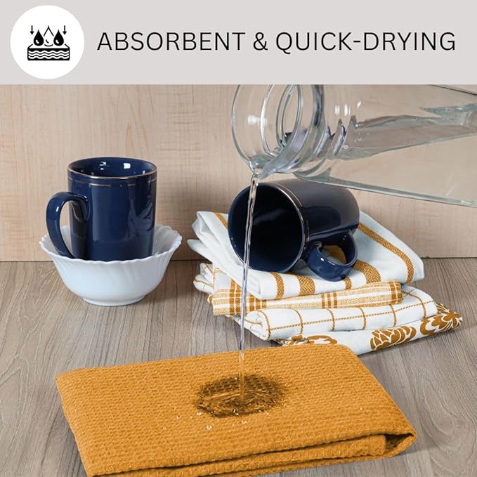 Assorted Kitchen Towels 100% Cotton 16x26 Inch - Super Absorbent, Soft & Quick Drying, Multi-Purpose for Drying & Cleaning, Ideal for Kitchen & Home Use, Set of 5 Low-Lint Dish Towels Yellow