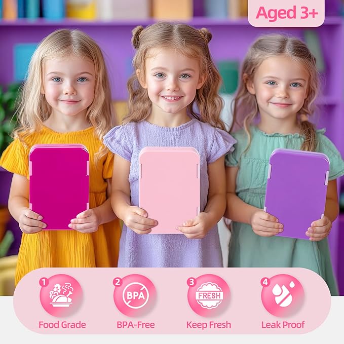 Bento Lunch Box for Kids, 6 Compartments BPA Free, Dishwasher Safe Back to School Snack Bento Lunch Containers Boxes, Ideal Portion Sizes for On-the-Go Meal, Ages 3+, School, Pink