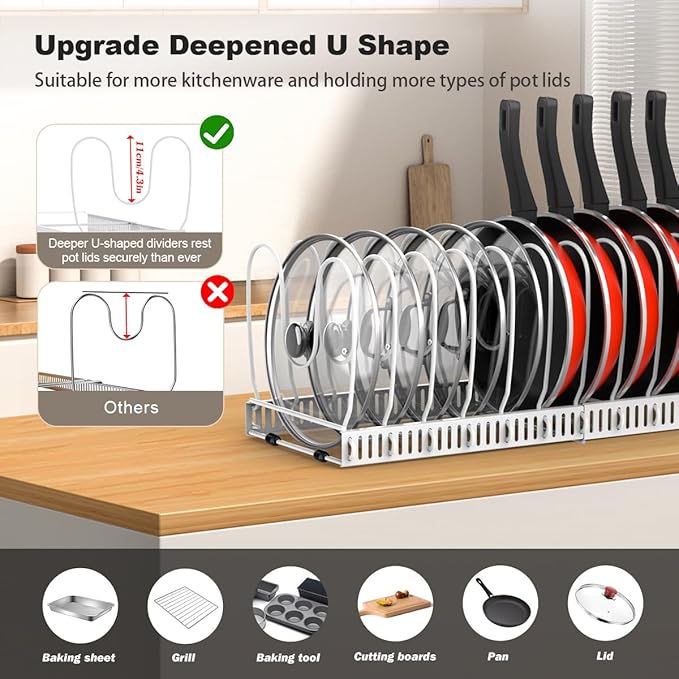Housolution 2 Pack Pot and Pan Organizer with 14 Adjustable Dividers, 12"-23" Expandable Food Container Lid organizer Compatible with Tupperware, Pan Lid Holder Storage Rack for Cabinet, White