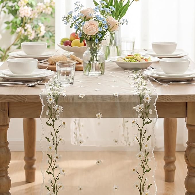 Artoid Mode Daisy Floral Beige Apricot Shaped Gauze Embroidery Table Runner 120 Inch 10FT, Tulle Spring Summer Kitchen Dining Table Decor for Home Party