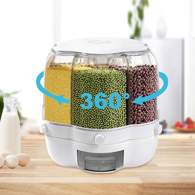 Large Rotating Rice Dispenser 6-Grid Cereal Containers Storage White Rice Bucket Whole Grains Rice Container Storage with Lid Dry Food Dispenser Storage Box for Kitchen (8kg/17.64lbs)