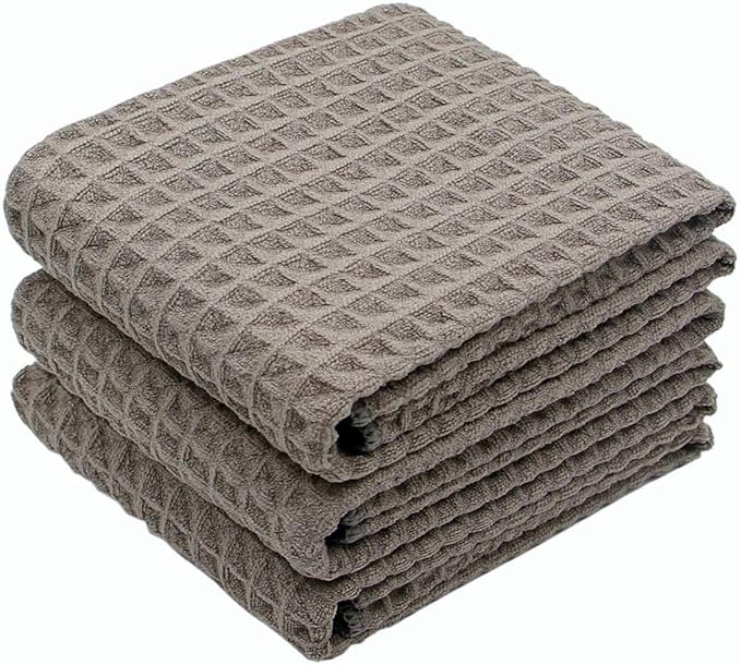 Waffle Weave Thick Microfiber Dish Drying Towels Absorbent Tea & Hand Towel Lint Free 16x24 Inch 3 Pack Gray
