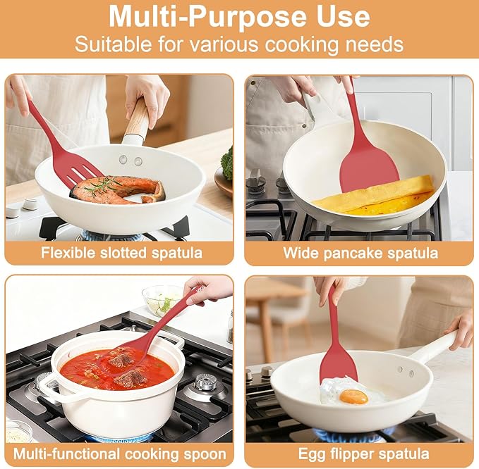 Silicone Spatula Turner Set, 4 Pack, 600°F Heat Resistant Cooking Spatulas, Spoons, BPA Free & Non-Stick Kitchen Utensils, Ideal for Flipping Egg, Pancake, and Serving, Dishwasher Safe (Red)