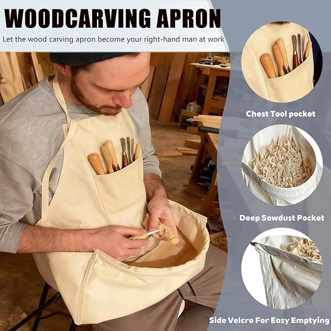 Woodcarving Apron-Work Apron with Brown Leather Chest Patches, Tool Pocket