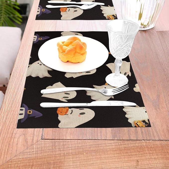 Halloween Cute Placemats 12x18 Inch Set of 4, Halloween Funny Ghost Pumpkin Table Place Mat Black and White Ghost Washable Table Mats Decorative Linen Fabric Table Mat for Dining Table