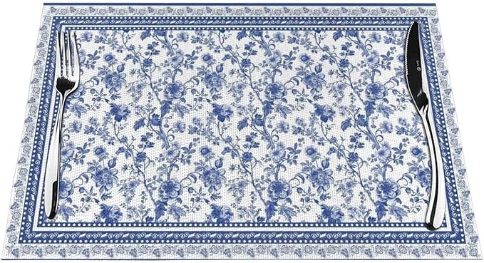 Floral Placemats 12x18 Inch Set of 4, Flower Print Linen Table Place Mat Neutral Vintage Decoration Washable Table Mats Blue Floral Decorative Linen Fabric Table Mat for Dining Table