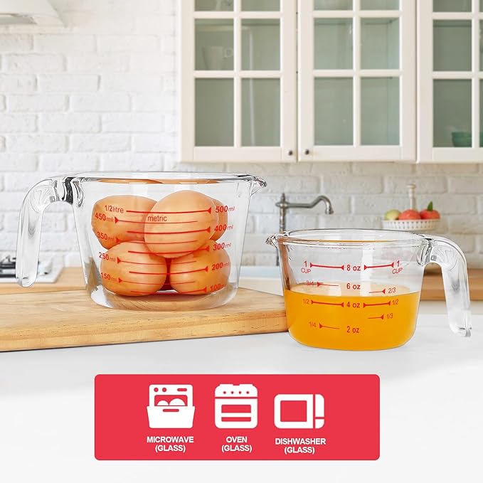 KOMUEE 4 Piece Glass Measuring Cups Set, 5 Oz, 1-Cup, 2-Cup, 4-Cup Liquid Measuring Cups with Lids for Kitchen, Freezer and Microwave Safe