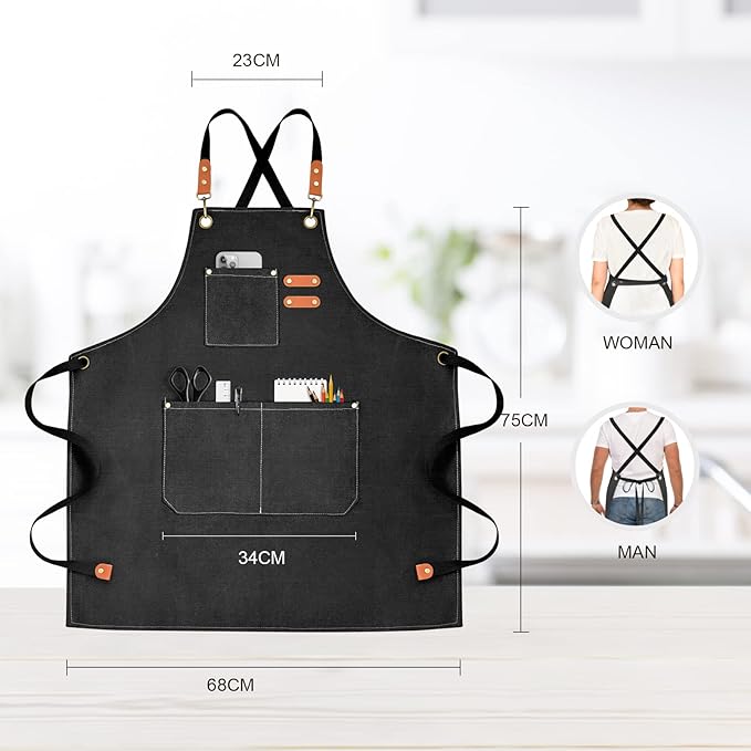 OUNLEN Chef Apron for Men Women Canvas Aprons with 3 Pockets Cross Back Resistant Work Apron for Cooking