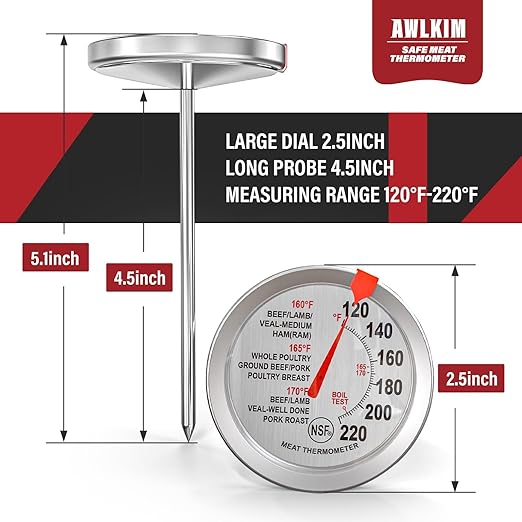 AWLKIM 2 Pack Analog Probe Meat Thermometer, NSF Certified, No Battery Needed, 2.5-in Extra-Large Dial, 120-220°F Read Range, Oven Safe up to 500°F, Bimetallic Stem for Cooking, Roasting, Turkey