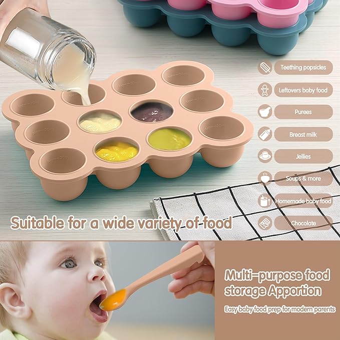 Baby Food Storage Containers 12 x 1.5OZ Silicone Freezer Tray with Lid, Food Grade Silicone Freezer Tray Containers for Purees & Vegetables Light Brown