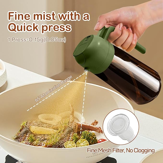 YARRAMATE 2Pcs 16oz/470ml Dark Brown Oil Sprayer for Cooking with Stickers, Food-grade Premium 2 in 1 Olive Oil Dispenser Bottle for Kitchen Gadgets, Air Fryer, Salad, Frying, BBQ (Black&OliveGreen)