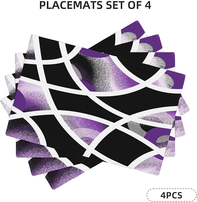 Modern Geometric Abstract Purple Placemats Set of 4, Linen Durable Non-Slip Heat-Resistant Washable Black White Purple Patterned Place Mats for Dining Table, Kitchen, Party, Kitchen Table Mats Decor