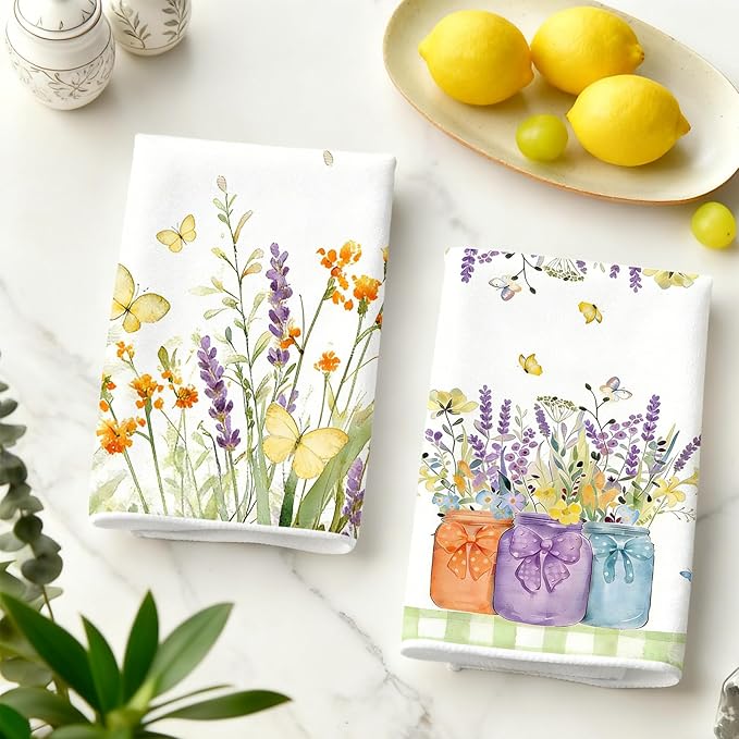 4Pcs Spring Wildflower Butterfly Kitchen Towels-16×24in Floral Microfiber Dish Towels, Super Absorbent Flower Holiday Hand Towels for Home Decor Easter Mother‘s Day Gifts