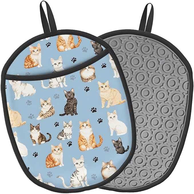 Cat Blue Silicone Pot Holders Set of 2, Heat Resistant up to 500°F, Non-Slip Kitchen Hot Pads with Pocket and Soft Quilted Cotton Lining for Baking, Cooking and Hot Pots