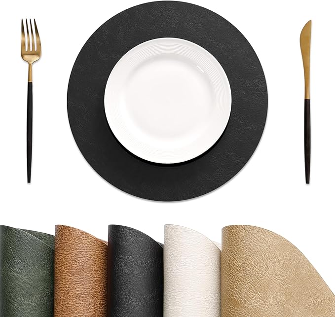 MOSAYT 13 Inch Round Vinyl Placemats Set of 8 - Faux Leather 100% Waterproof Oil-Proof Wipeable PU Place Mats, Heat Resistant Reversible Table Mats for Kitchen, Dining, Outdoor (Black)